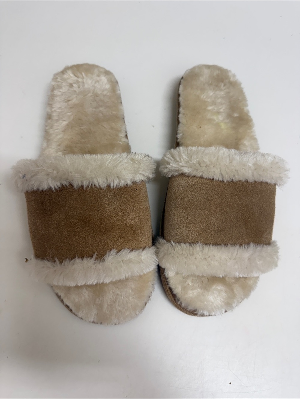 Minnetonka Camel Faux Suede Shearling Slide Slippers